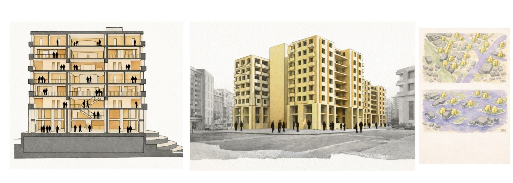 Collective housing model: building section, massing render, 